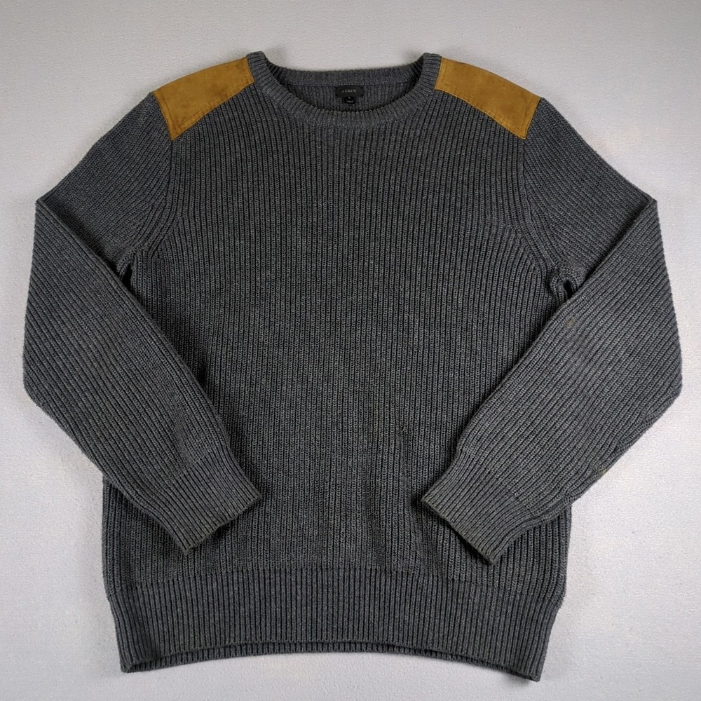 J Crew Woodsman Sweater Mens Large Gray Ribbed Suede Shoulder Patches Retail